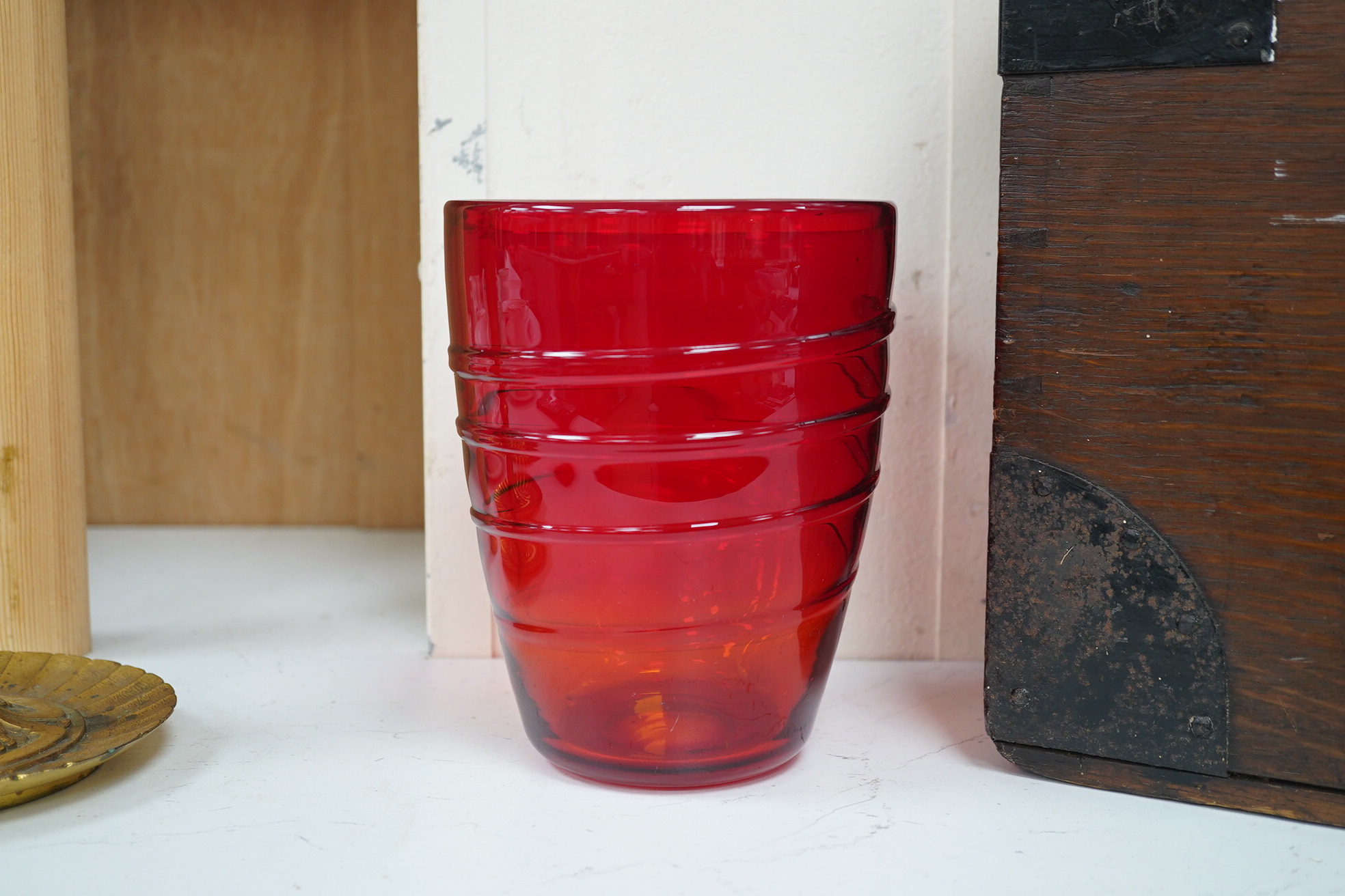 Seven red glass vases including Whitefriars, tallest 21cm high. Condition -good